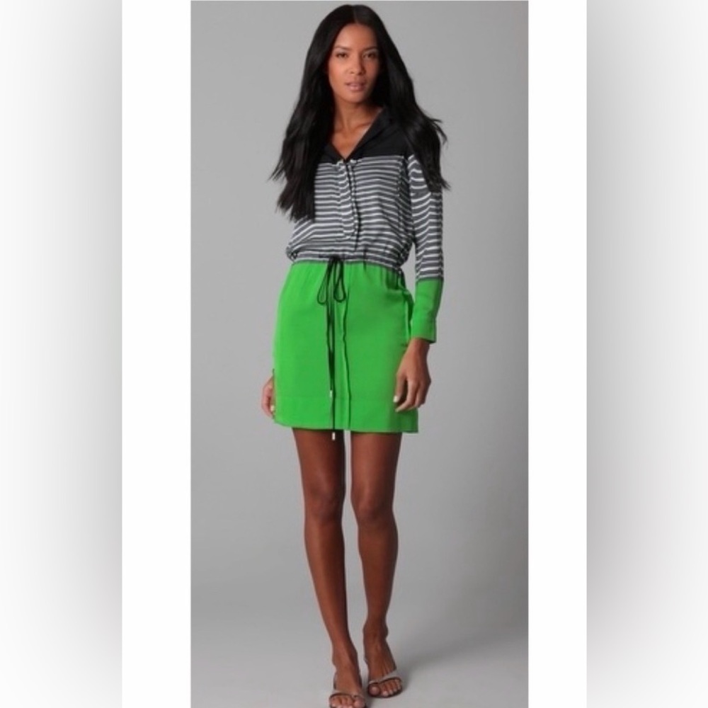 DIANE VON FURSTENBERG DVF green and striped Taya silk long sleeve dress 4